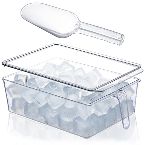 Havawish 2 Pcs Ice Storage Bin for Freezer With Lid and Flexible Scoop Set Plastic Ice Container With Lid Handle for Home Office Fridge Storage (12.4 X 8.07 X 3.94 Inches,clear)