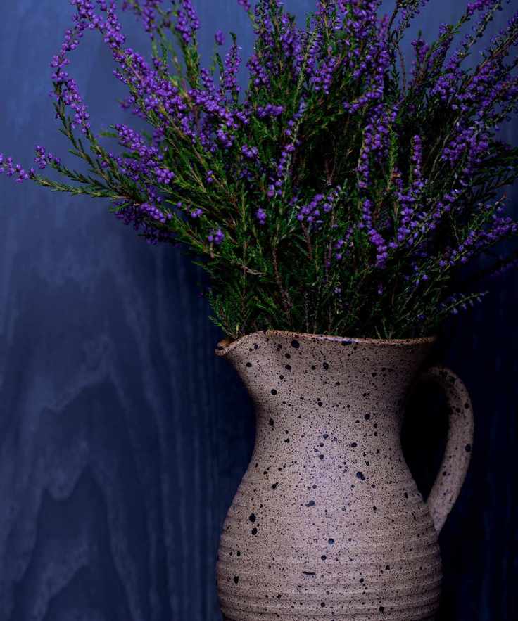 Lavender stems emerging from a stoneware jug vase