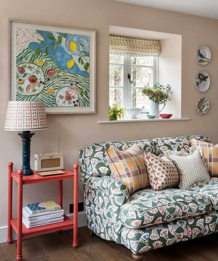 Living room with floral sofa and colorful accents