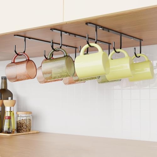 Luckinow 3 Pack Mug Hooks Under Cabinet, Coffee Mug Holder for Hanging Under Shelf, Cup Hanger With 9 Hooks for Displaying Mugs, Coffee Cups and Kitchen Utensils, Black