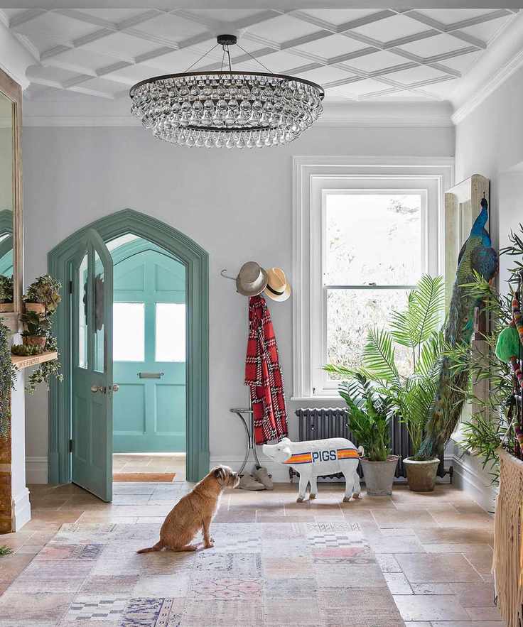 Hallway with blue door frame