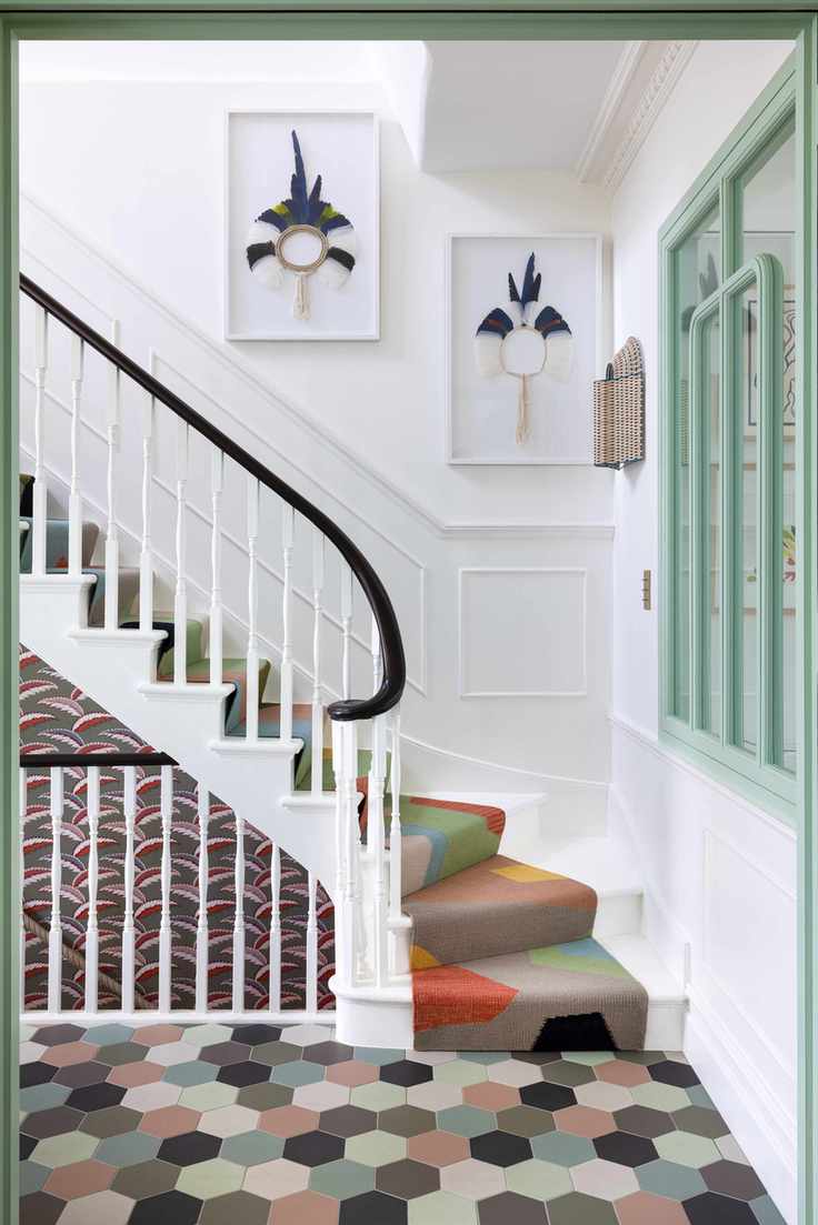 Pastel staircase with colorful runner