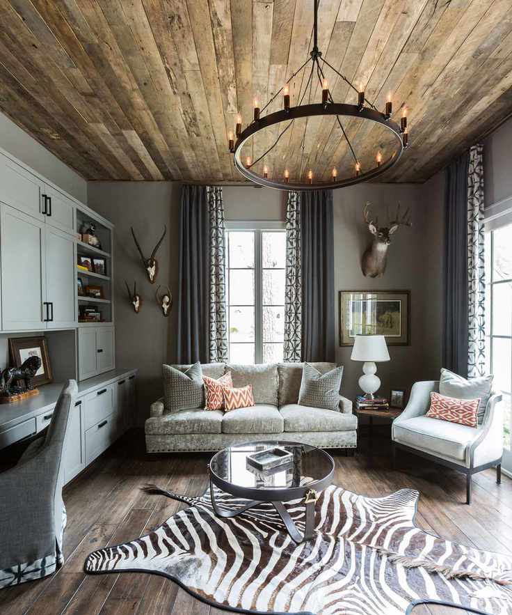 Cozy living room with a dark wooden ceiling