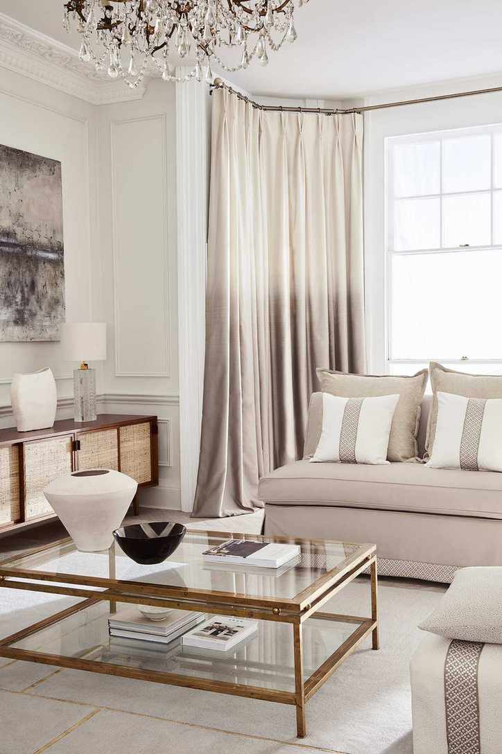 Living room curtains in Horizon Mushroom fabric by James Hare