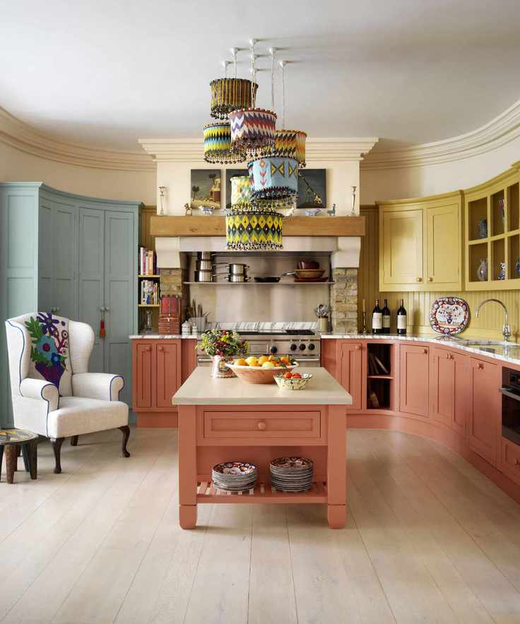 Colorful kitchen with patterned beaded lampshades in Kit Kemp's house