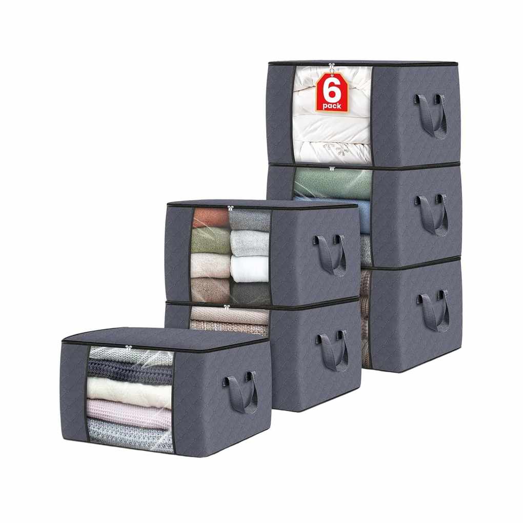Six dark gray quilted storage bags with windows