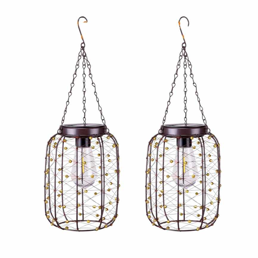 Two copper lanterns with hanging hooks, lightbulbs, and golden beads