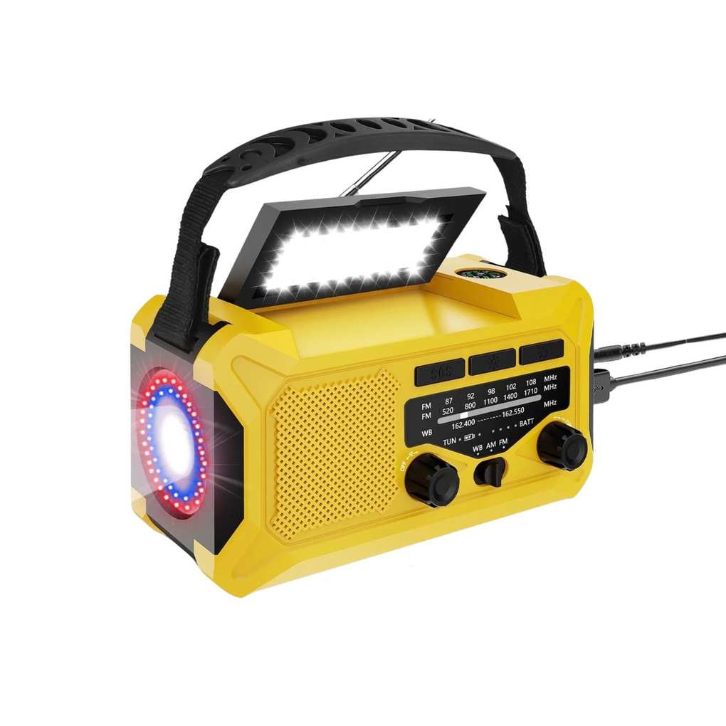 A yellow hand crank radio with a flashlight, reading light, and black handles and panels