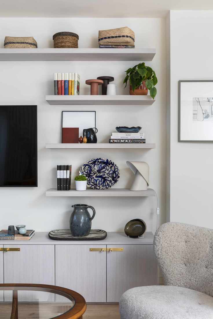 Floating shelves in a living room