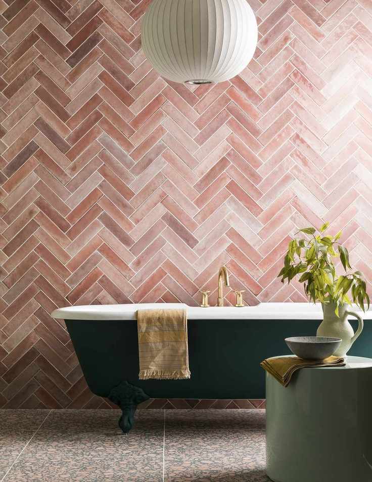 Mandarin Stone Hoxton Pink Gloss herringbone tiles