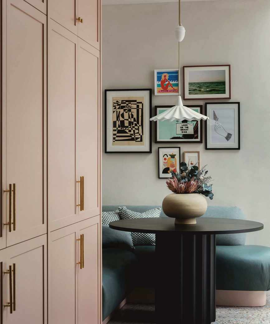 dining nook in corner with plush banquette