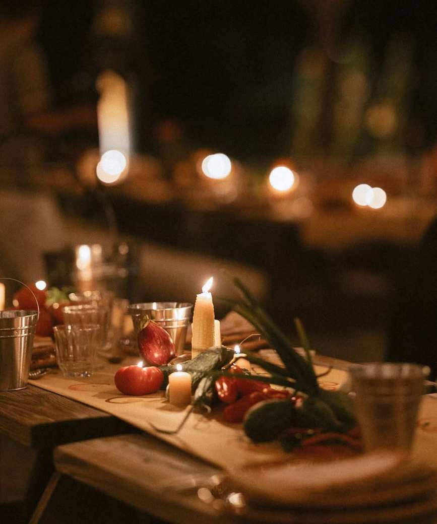 outdoor dinner table with candles