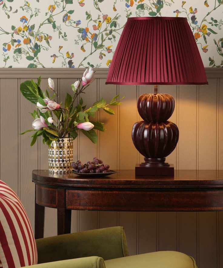 Red lamp, red and white striped cushion