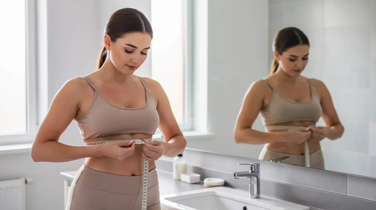 A woman is measuring her bust size in front of a mirror to ensure an accurate bra fit.