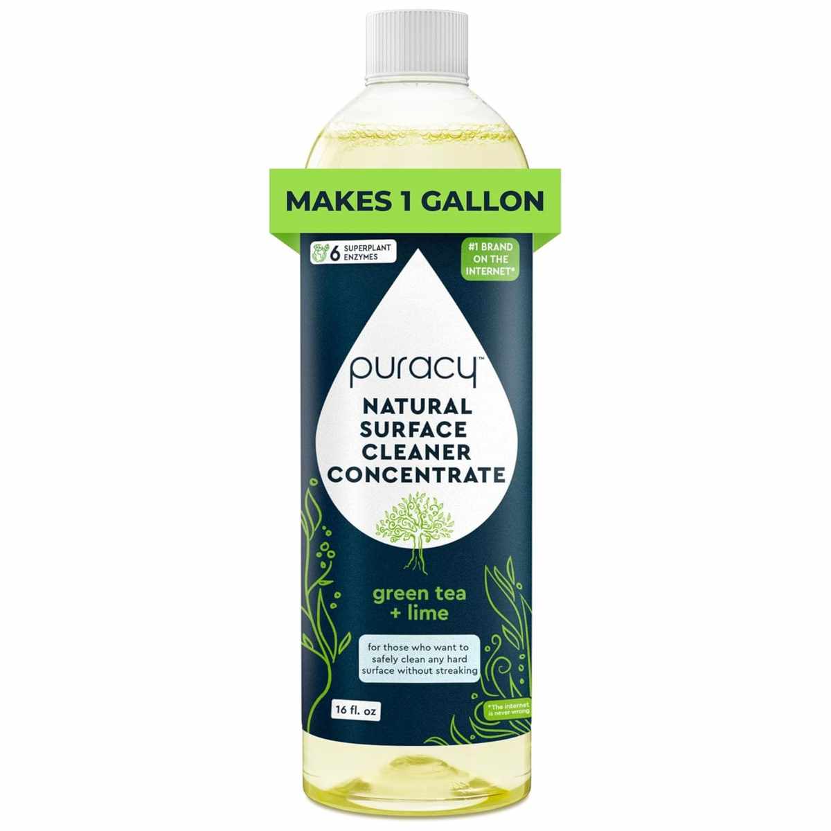 A plastic bottle of surface cleaner with a blue, green and white label