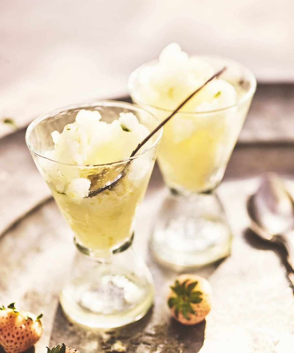 Lemon and basil sorbet with strawberries