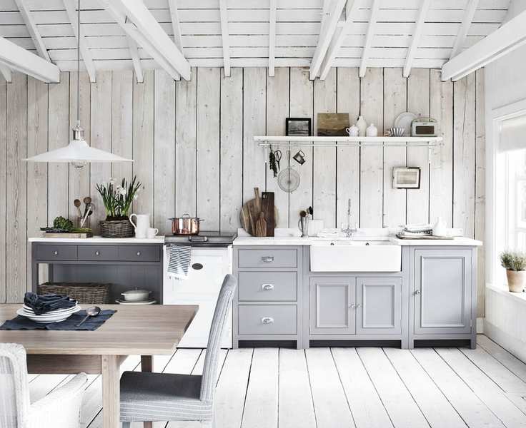 Bright white kitchen with a wooden ceiling