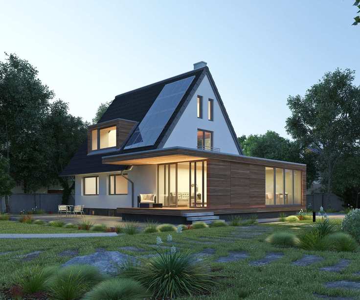 Solar panels on the side of an A-frame house roof