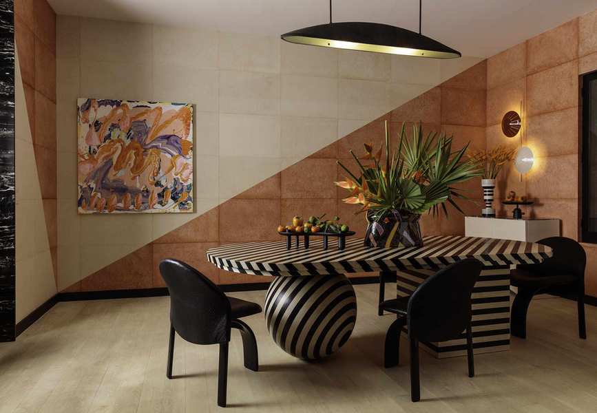 Pink/red dining room by interior designer Kelly Wearstler