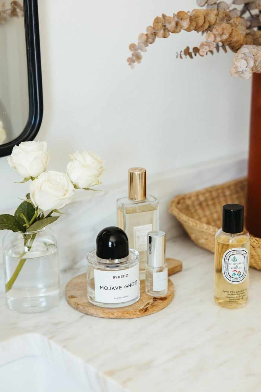 perfume on bathroom counter