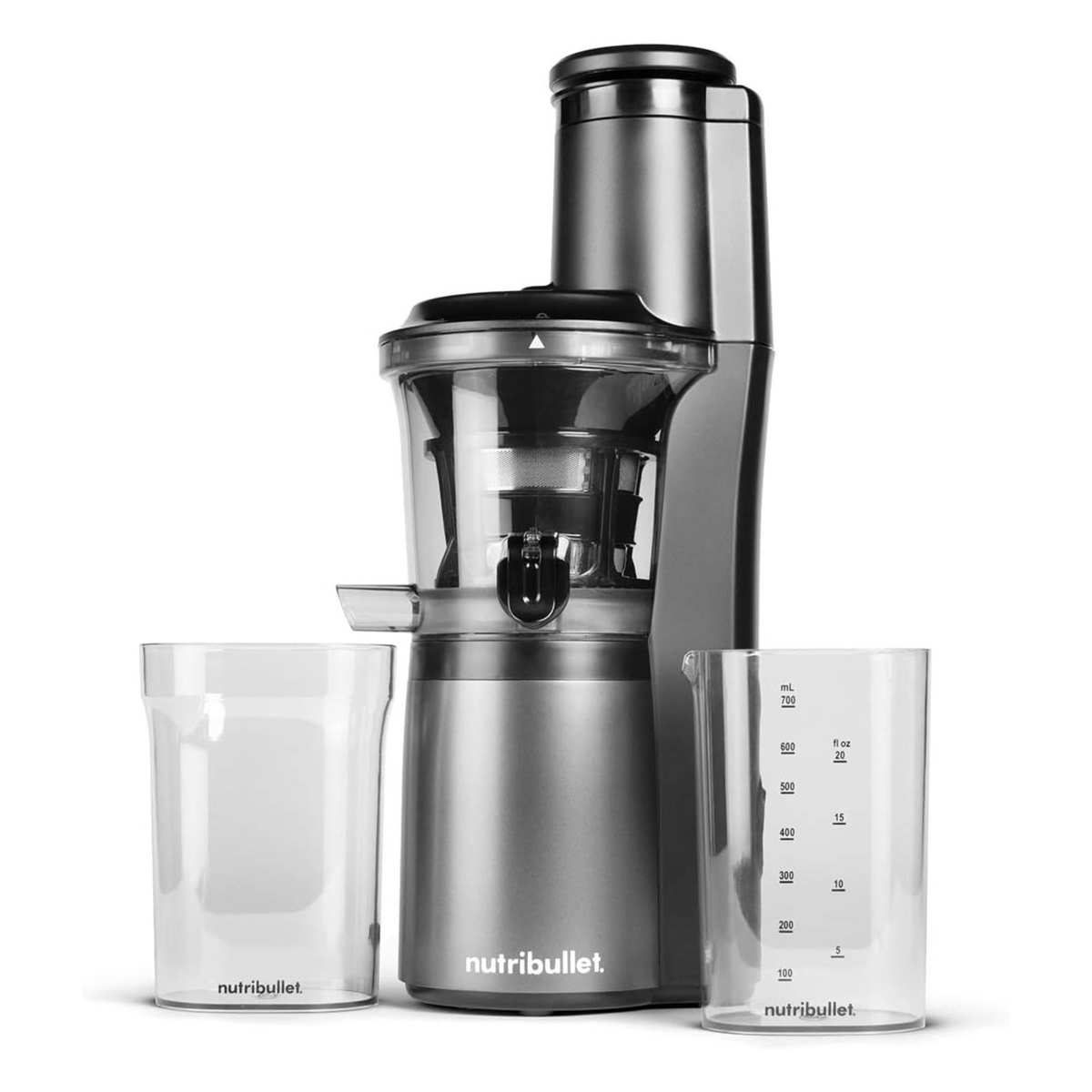 A Nutribullet Slow Juicer with its pitcher and pulp bin