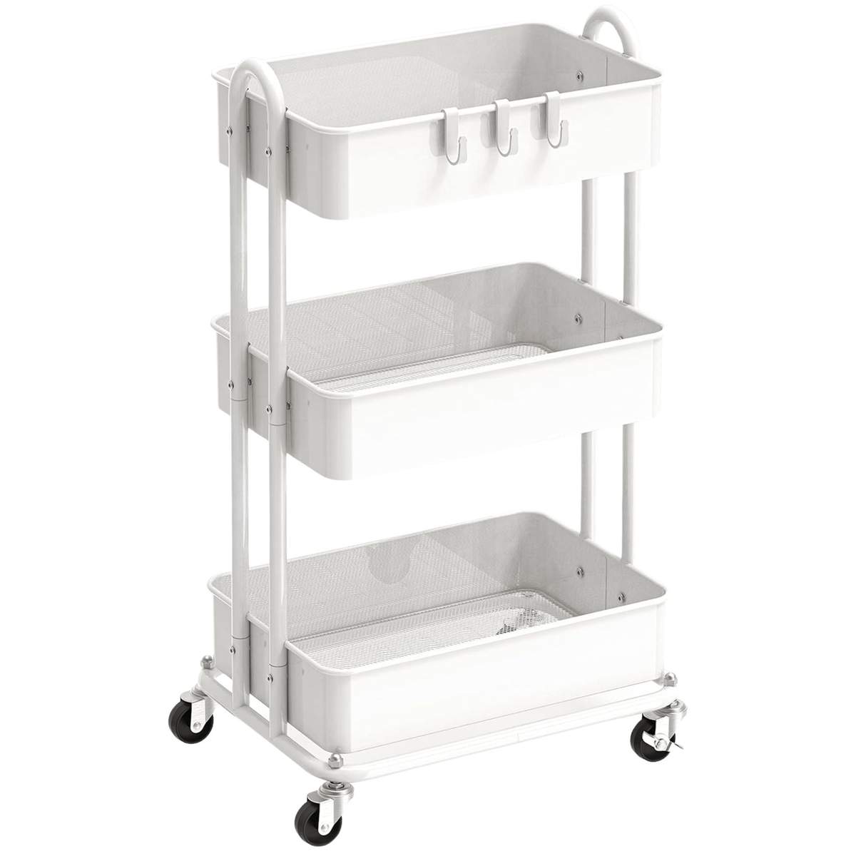 White Amazon rolling cart with black wheels