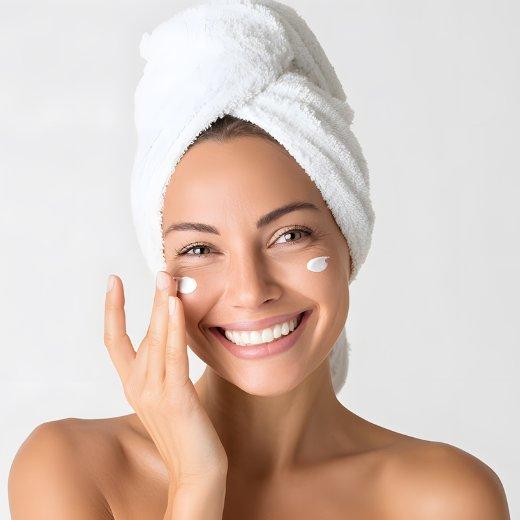 Woman applying skincare face cream