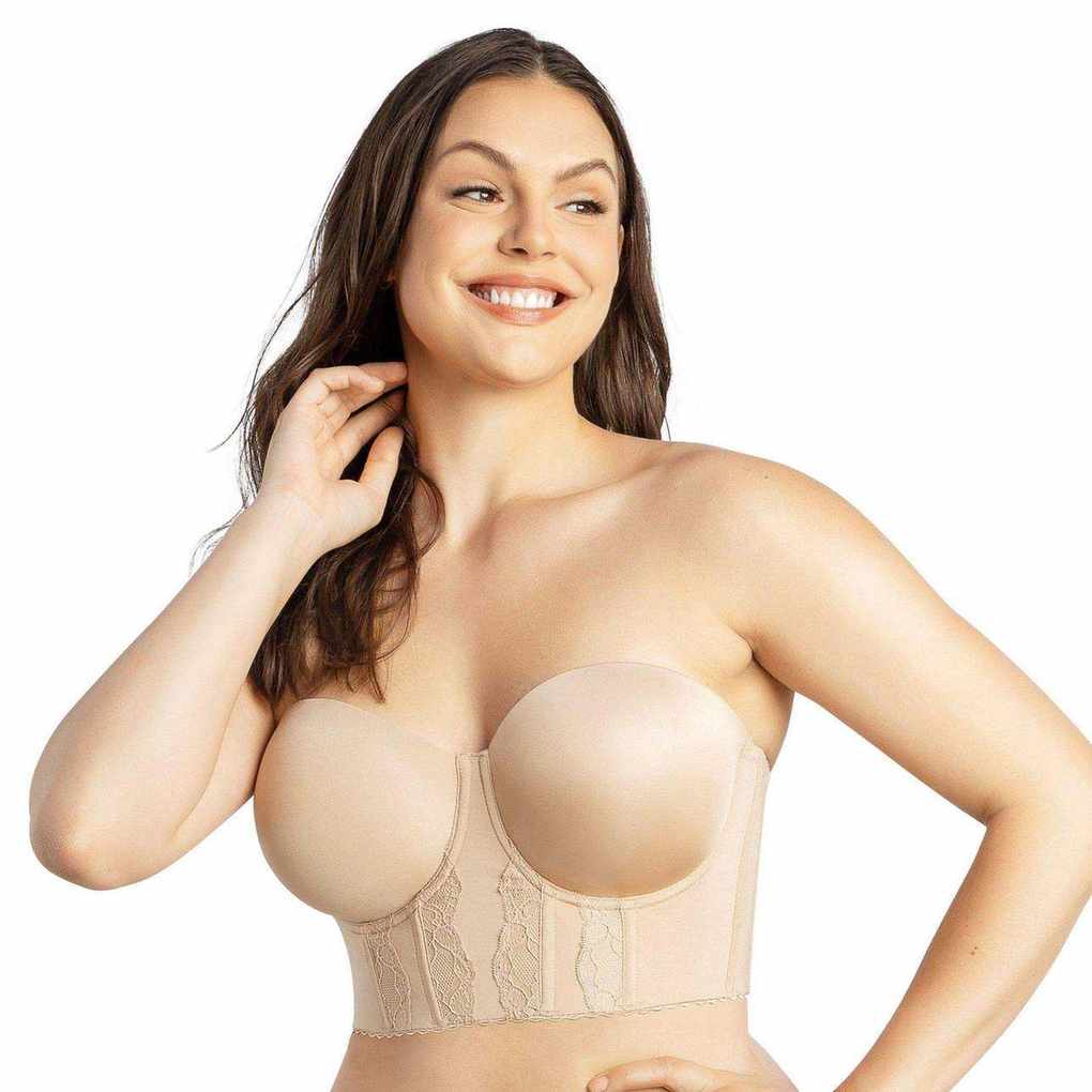 model wearing a longline bustier strapless bra