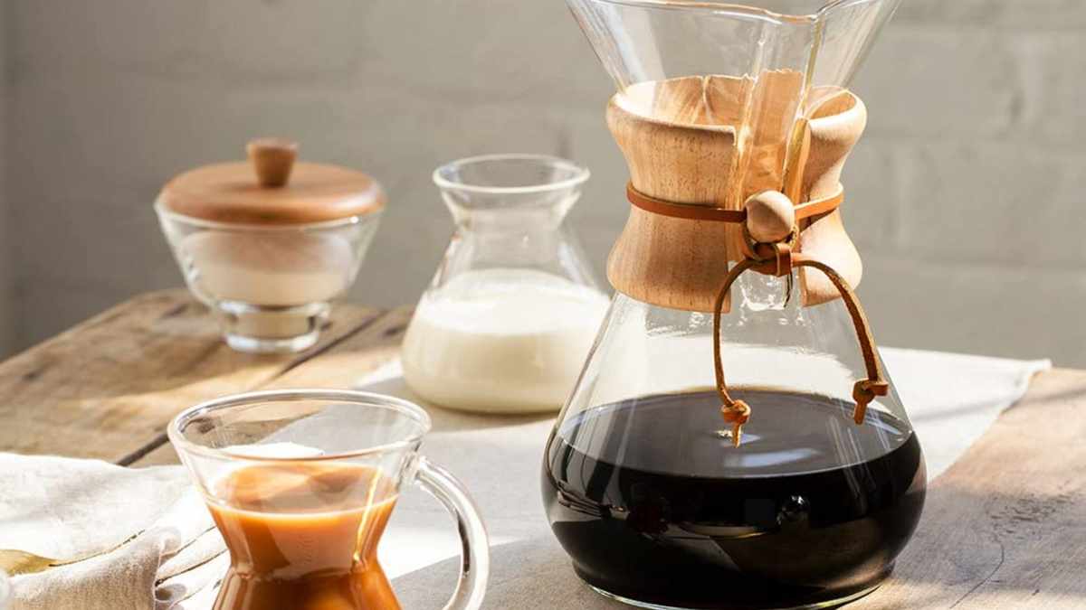 Chemex 8 Cup Coffee Maker with a milk carafe behind it in the background