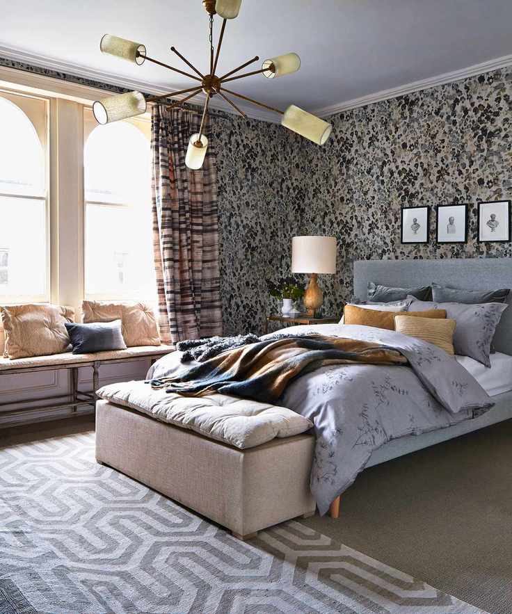 Grey bedroom with patterned decor
