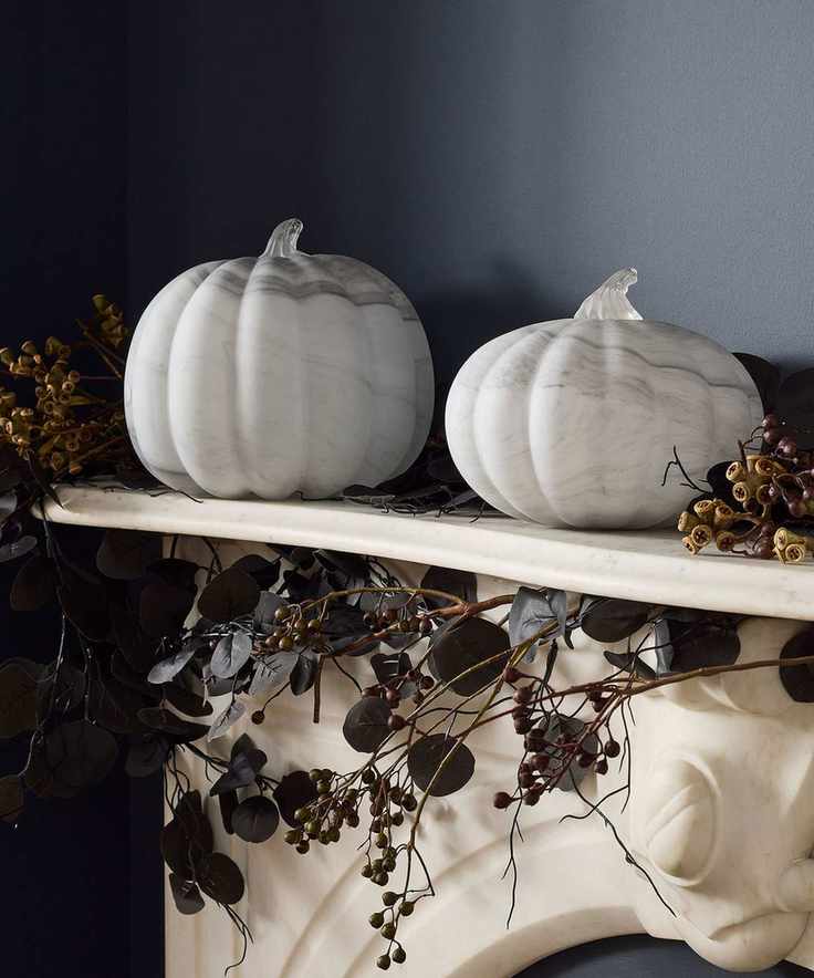 Close up of pumpkins on mantel