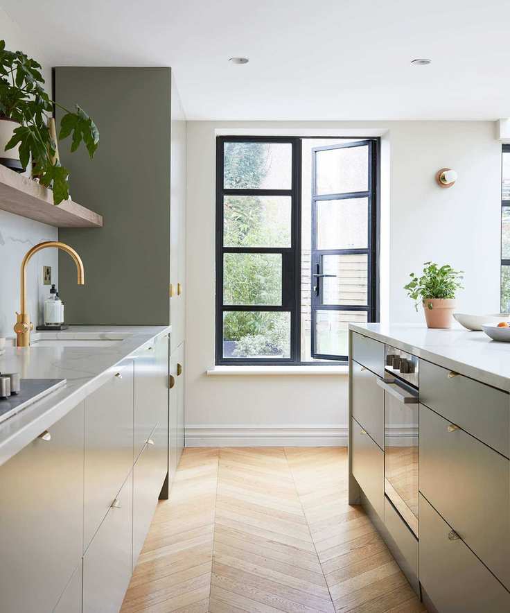 Minimalist kitchen ideas with wood floor and crittal doors