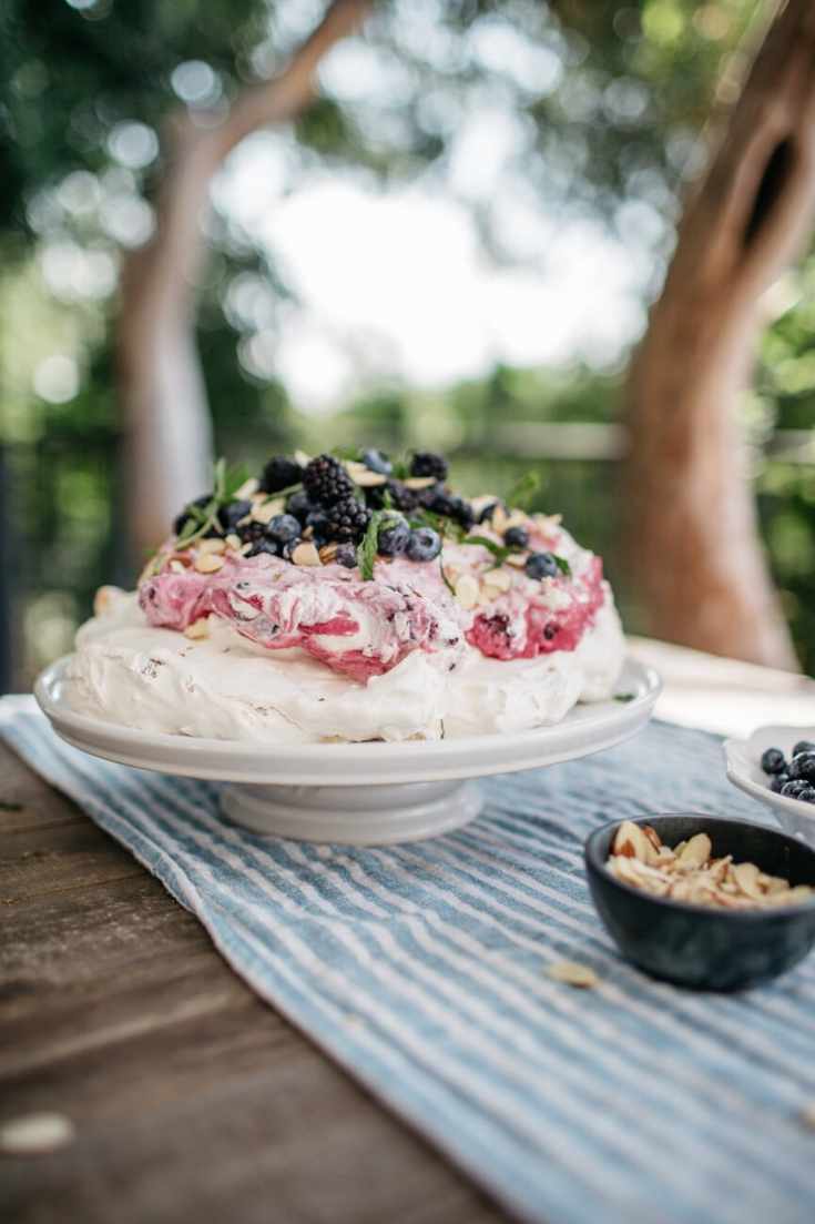 almond and blackberry cream pavlova