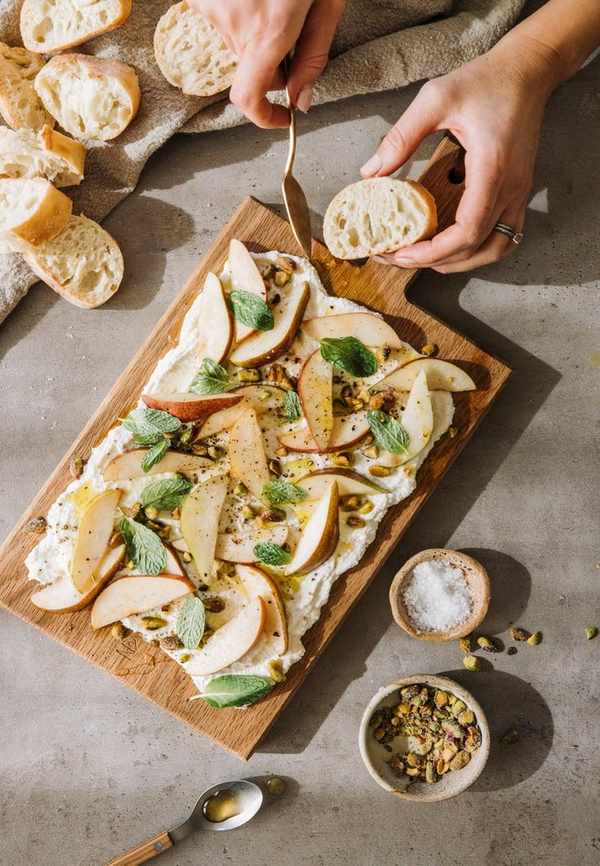 ricotta board with pears and pistachios, winter appetizer