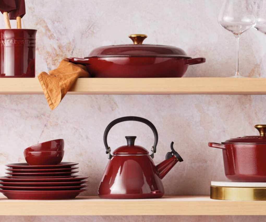Le Creuset's cherry red-colored 'Rhone' collection of tableware