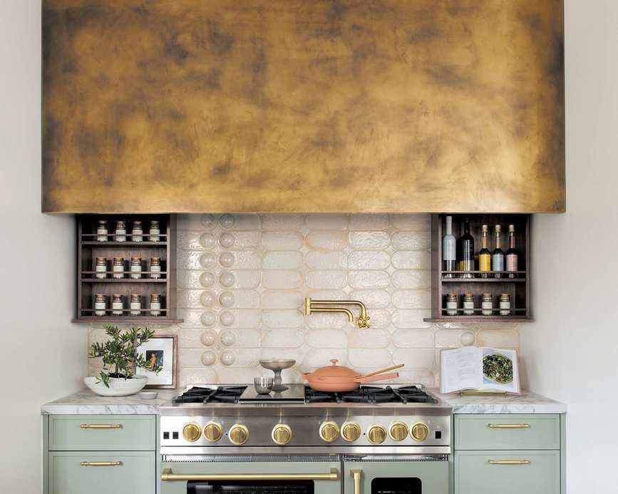 Extractor hood with integrated storage in modern kitchen