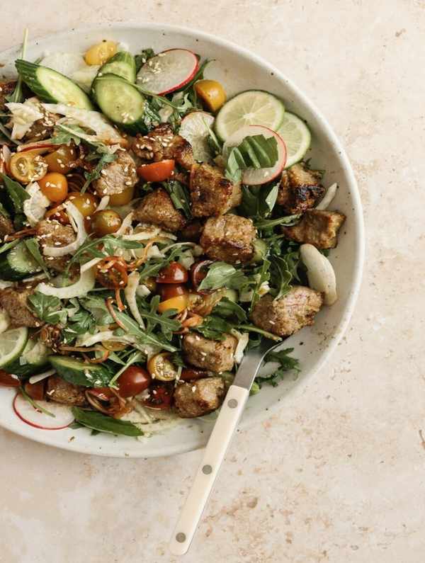 Vibrant grass fed beef steak salad — a nourishing, feel-good meal