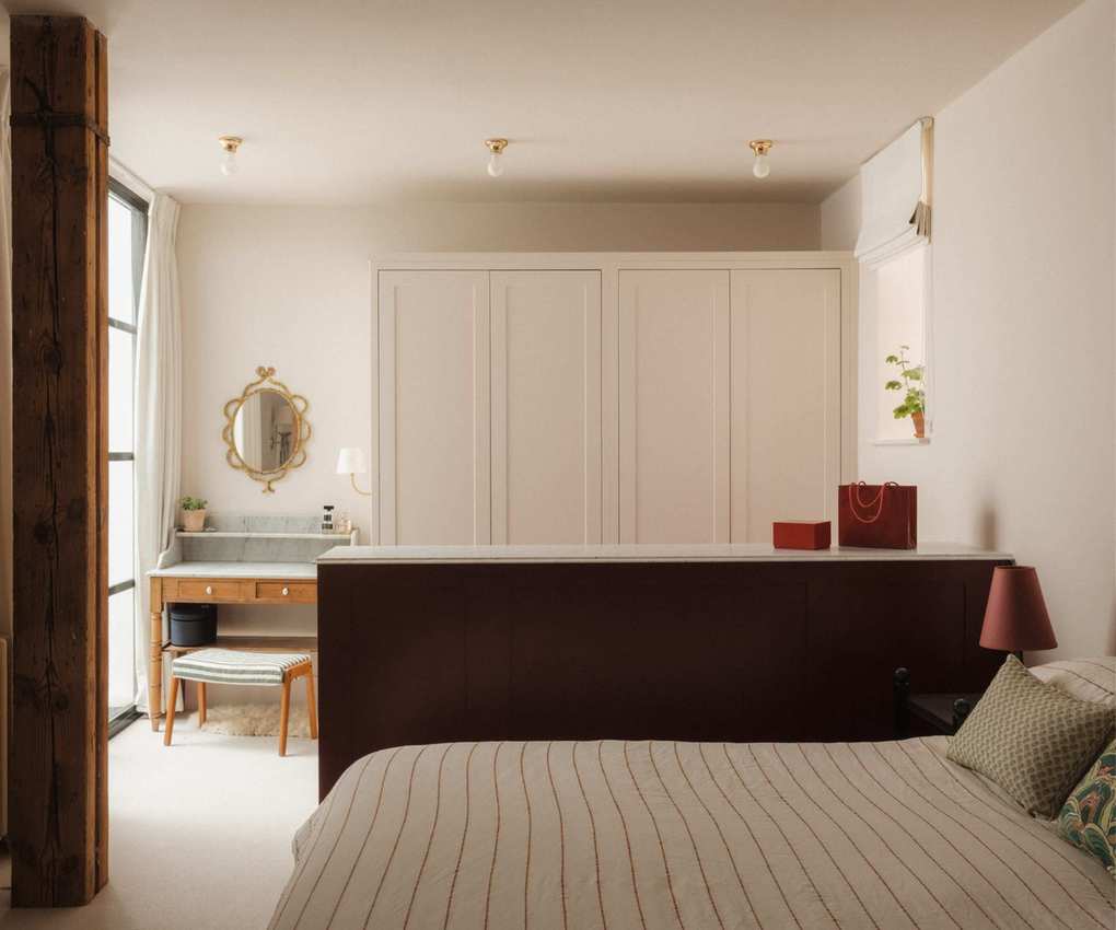 Bedroom with pale pink walls, large bed with striped bedding, wooden pillar, burgundy painted drawers separating the vanity area