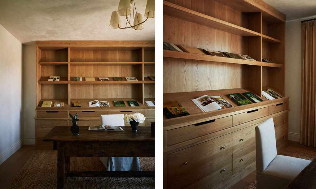 two shots of the same minimalist home office with wood joinery behind a vintage desk