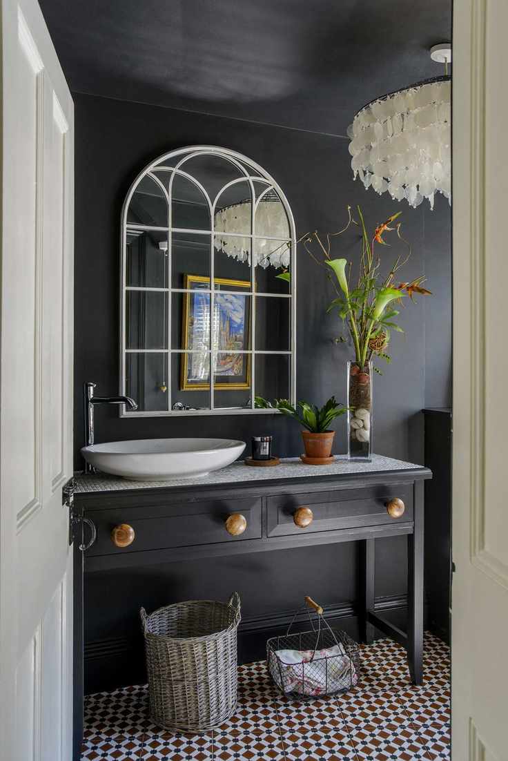 vintage furniture painted gray and made into vanity unit