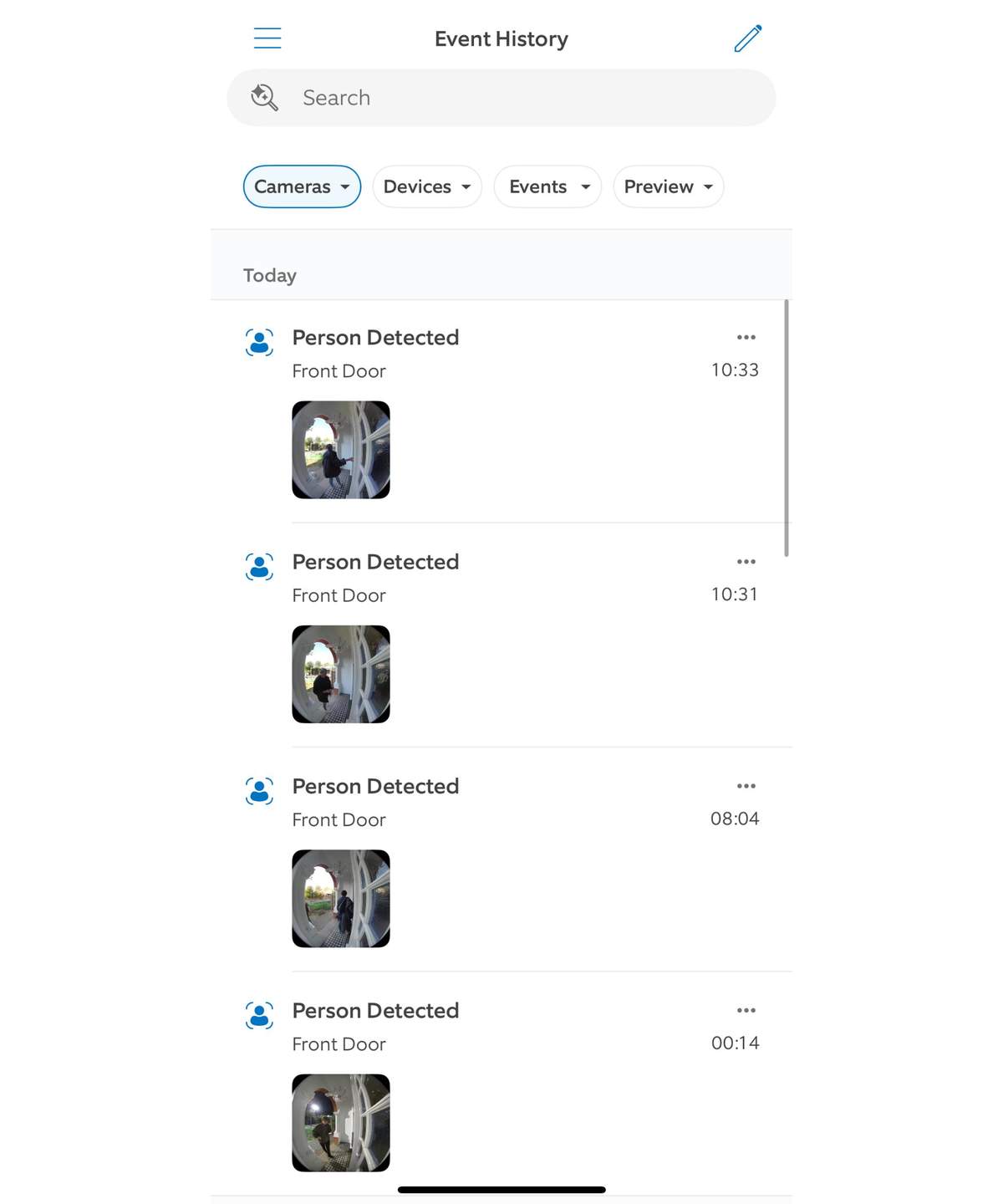 A screenshot of the event history on the Ring app, showing the quality of the Ring Battery Doorbell Plus.