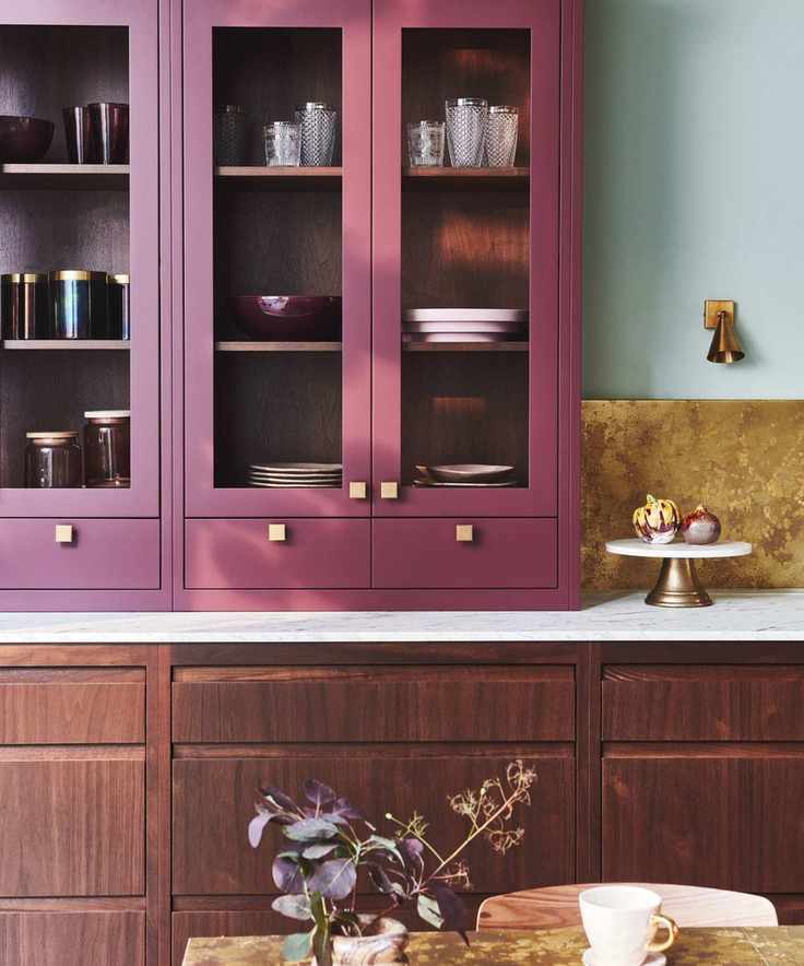 plum colored glazed countertop unit, mahogany units, marble countertop