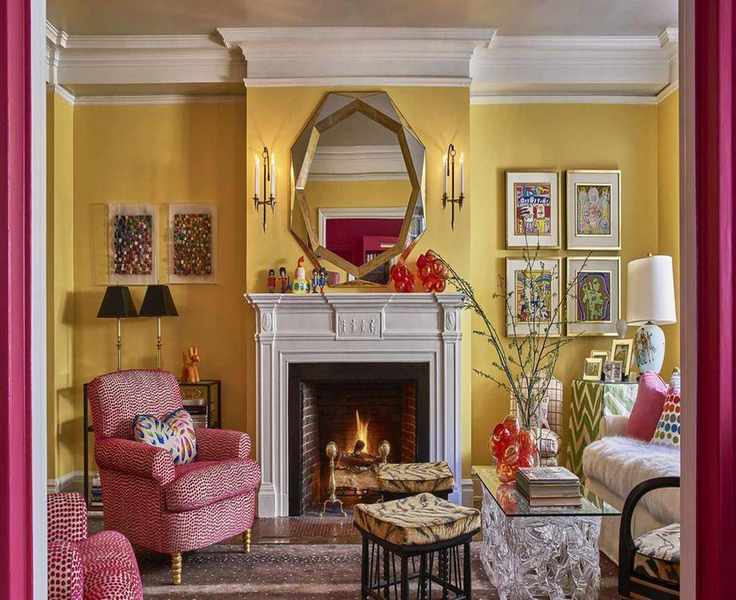 Yellow living room with hot pink accents
