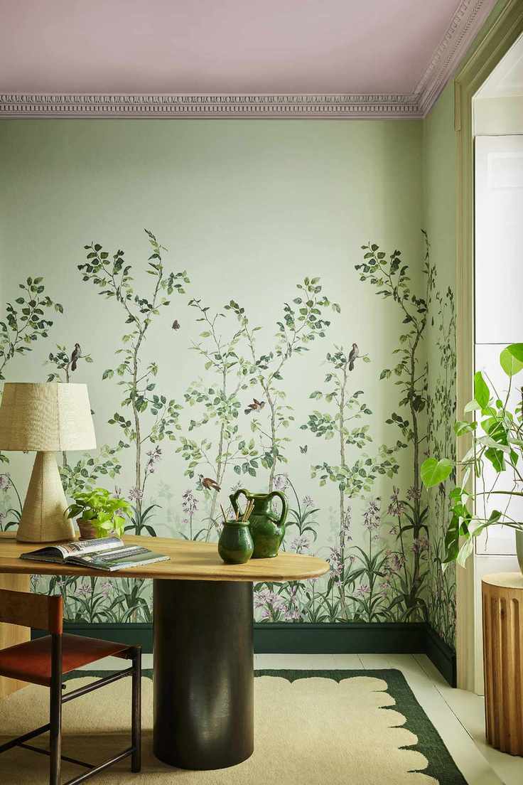Little Greene Bird and Bluebell wallpaper in Pea Green