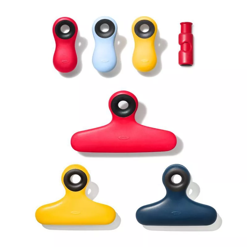 Red, yellow, and blue food bag clips in three different sizes.