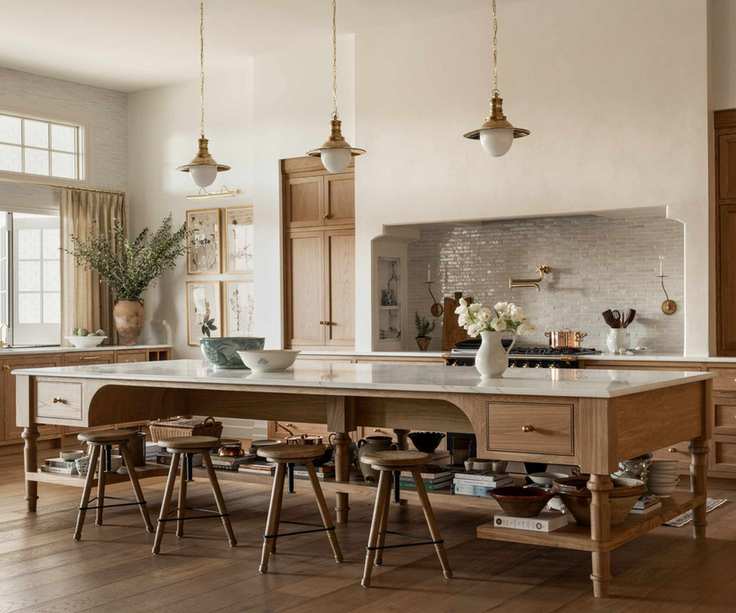 A large kitchen with wooden cabinets, marble countertops, brass accents, and a large wooden freestanding island