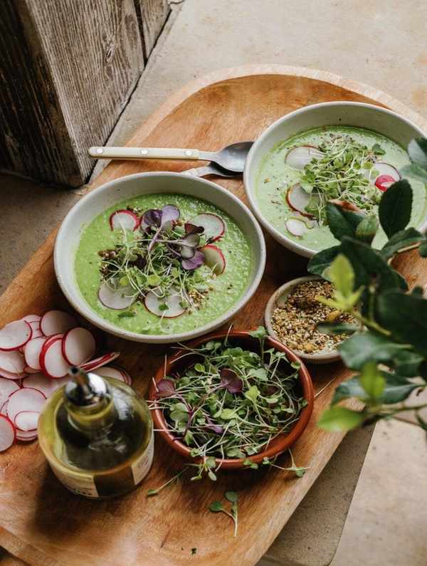 pea gazpacho in bowls Camilla Marcus brunch