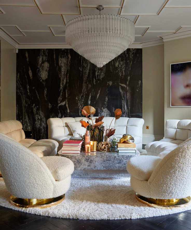 Modern living room layout with white seating