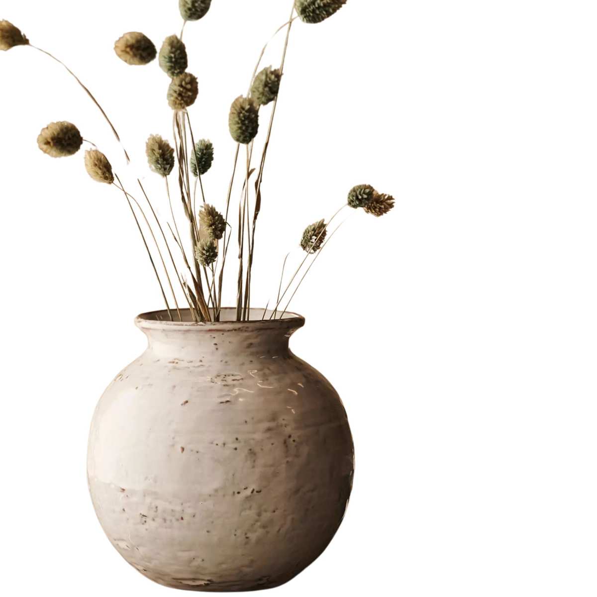 White round ceramic vase with dried flowers