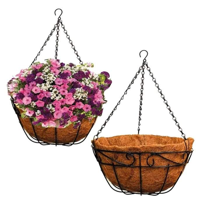 a stock photo of two hanging baskets for plants. One is empty and the other is filled with an assortment of pink, white and purple flowers